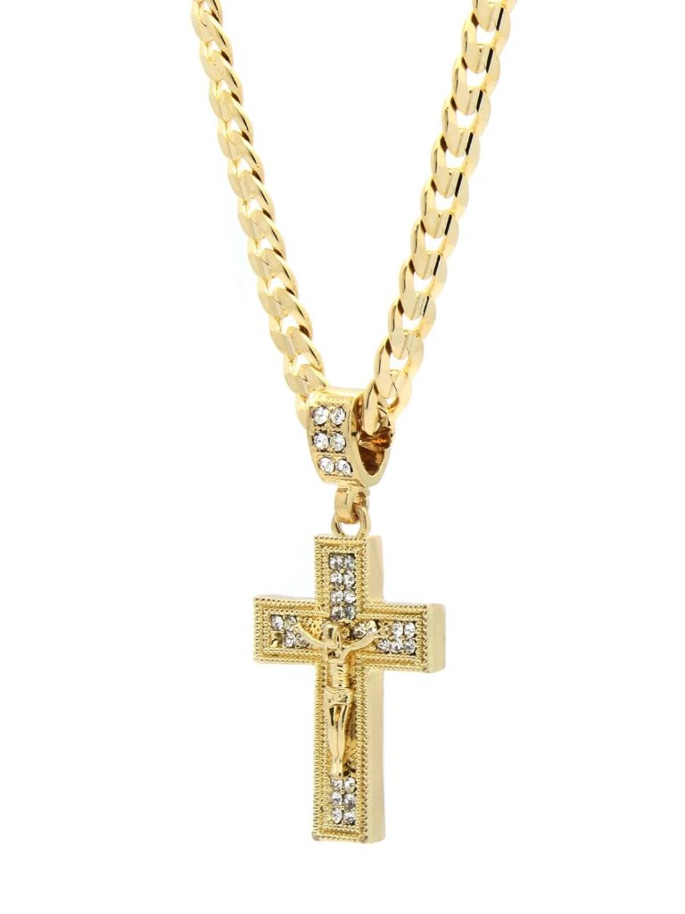14K Plated Jesus Cross CZ Pendant & 24” Cuban Chain